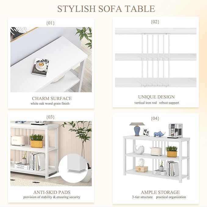 FOLUBAN Modern Sofa Console Table for Entryway, 3 Tier Wood Foyer Table for Hallway Living Room Behind Couch, White Oak-Ruum Studio Home