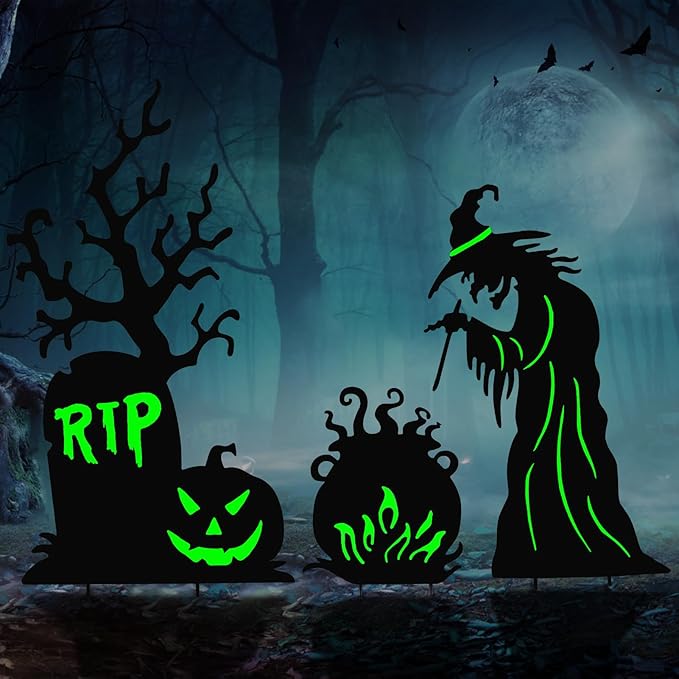 Halloween Yard Signs Outdoor Decorations，3 Pack Warerproof Scary Witch Tombstone Cauldron Fluorescent Metal Stakes Glow in The Dark for Lawn Garden Halloween Decor (Witch Tombstone Cauldron)-Ruum Studio Home