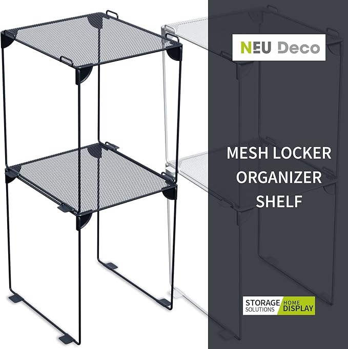 Neudeco Pack 2, Mesh Locker Shelf, Stackable Extra Tall Locker Organizer, Collapsible and Metal Build, Fits Standard Size School Locker, Suitable for Work, Kitchen, Bathroom (Grey)-Ruum Studio Home