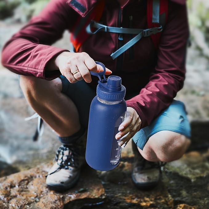 32 oz Glass Water Bottle with Straw and Handle, Sports Motivational Water Flask with Silicone Sleeve, Large Leakproof Water Flask Cup with Time Marker for Travel, Gym, Army Green-Ruum Studio Home