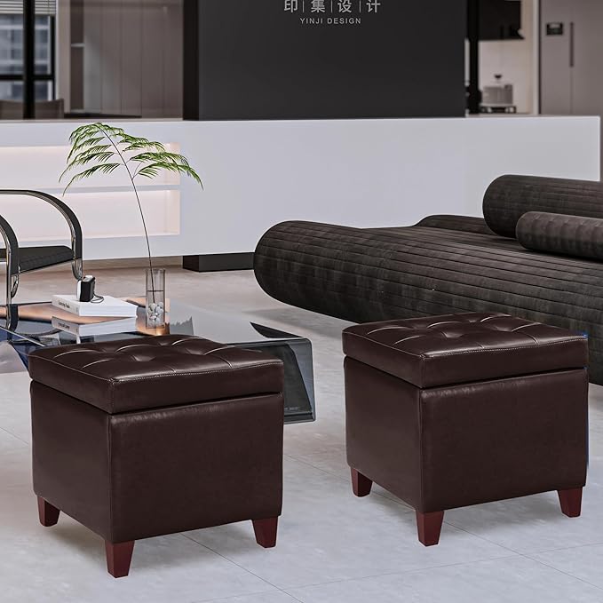 Adeco Bonded Leather Square Tufted Footstool, 18", Brown Storage Ottomans,-Ruum Studio Home