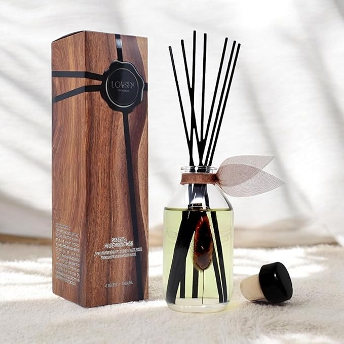 LOVSPA Reed Diffuser Set, Santal (Sandalwood) Scented Oil Diffuser with Sticks, Home Fragrance Accessories for Bathroom Shelf Decor, Aroma Diffusers for Home or Office Fall Decor, USA Made-Ruum Studio Home