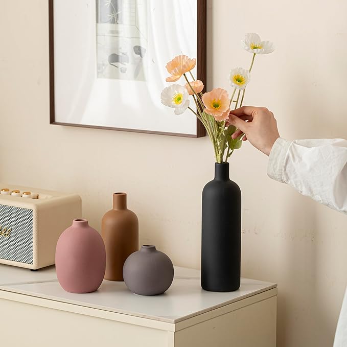 Modern Ceramic Vase Set, Neutral Colors, Decorative Vases for Home Shelf Decor, 4 Piece Collection (Black Mix Set 4)-Ruum Studio Home