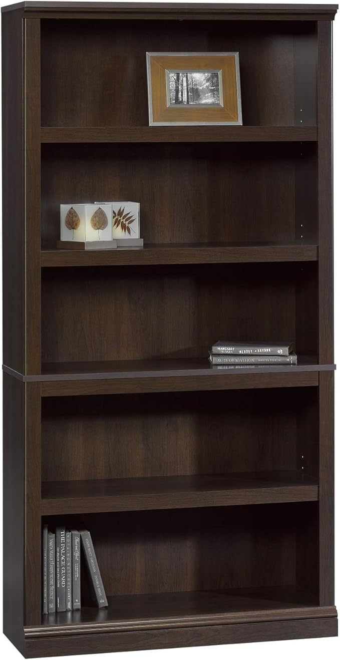 Sauder 5-Shelf Bookcase/ Book shelf, L: 35.28" x W: 13.23" x H: 69.76", Cinnamon Cherry finish-Ruum Studio Home