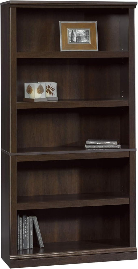 Sauder 5-Shelf Bookcase/ Book shelf, L: 35.28" x W: 13.23" x H: 69.76", Cinnamon Cherry finish-Ruum Studio Home