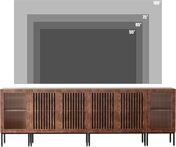 Farmhouse TV Stand for TVs up to 100 Inch, Entertainment Center TV Console with Storage Cabinets and Glass Doors,Media Console for Living Room,Brown-Ruum Studio Home