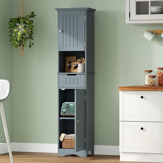 ChooChoo 67" Tall Bathroom Storage Cabinet Freestanding with Adjustable Shelves, Narrow Storage Linen Cabinet with 2 Doors and 1 Drawers for Bathroom, Living Room, Kitchen, Grey-Ruum Studio Home
