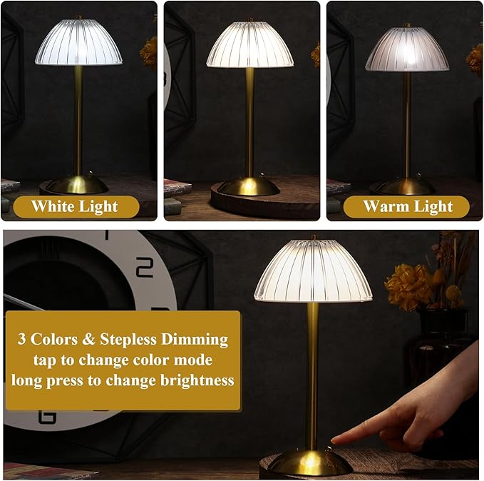 Liliful 6 Pcs LED Portable Cordless Table Lamp Touch Battery Operated Rechargeable Desk Lamp 3 Color Dimmable for Bedroom Living Room Dining (Mushroom Style,Gold)-Ruum Studio Home