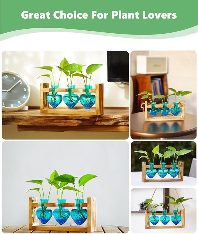 Nacome Plant Terrarium for Office Decor: Birthday Gifts for Plant Lovers Women Mom Wife - Wooden Stand Tabletop Planter 3 Bulb Glass Vase Heart Shaped for Hydroponics Indoor Home-Ruum Studio Home