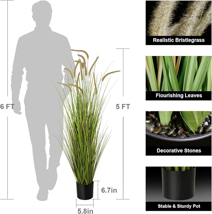 KOL Artificial 5ft 2-Pack Horsetail Reed Grass, 59in Tall Artificial Indoor Outdoor Fake Grass Plant, Home Office Decorative Artificial Plants in Pot Faux Plant Greenery, Wedding Decor Grass-Ruum Studio Home