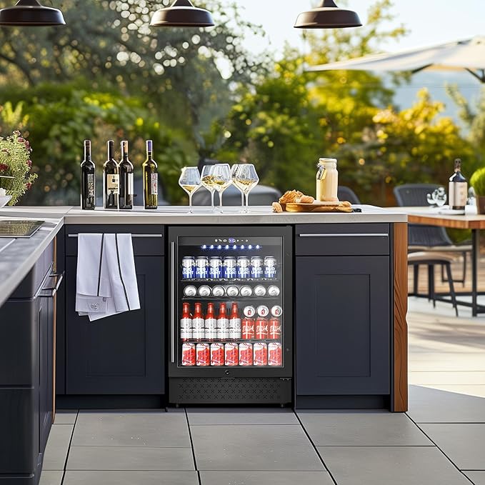 Tylza Beverage Refrigerator 24 Inch, Under Counter/Freestanding Drink Fridge, 190 Cans Beverage Cooler with Glass Door, Reversible Door, Low Noise, Quick Cooling - for Beer, Soda, ETC, Black-Ruum Studio Home