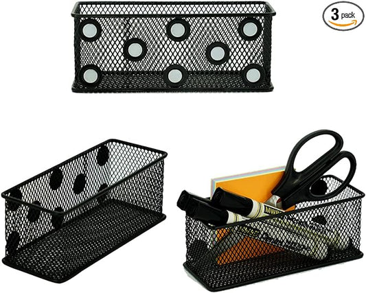 Neudeco Magnetic Locker Organizer and Accessories，Wire Mesh Magnetic Storage Basket ,Magnetic Holder for Dry Erase Markers,Strong Magnet Pen Holder for Fridge School,Pack 3 (Black)-Ruum Studio Home