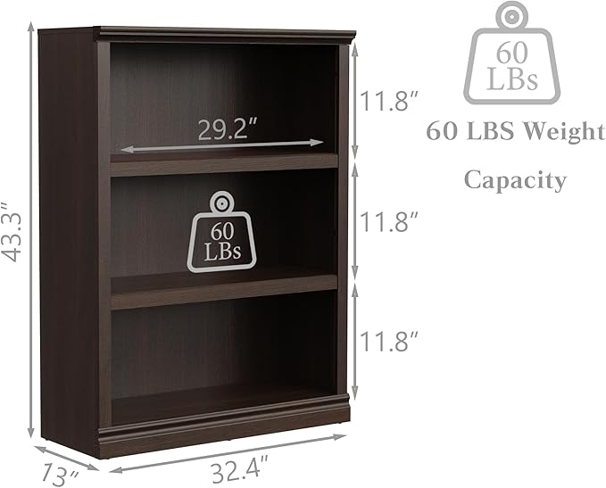 43 in Tall Bookcase, 3-Tier Bookshelf Open Storage, 33 inch Wide Floor Standing Indoor Furniture, Book Cases for Home School Library Office Bedroom Kids, Dark Cherry 3 Tiers-Ruum Studio Home