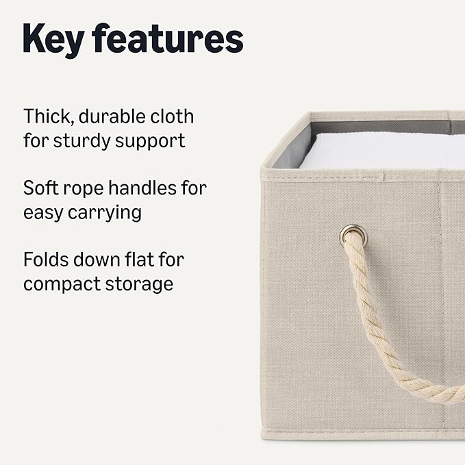 Amazon Basics Foldable Storage Bins with Rope Handles, Linen, Large, Pack of 3-Ruum Studio Home