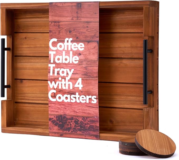 Ottoman Tray | Decorative Coffee Table Tray with Handles - Wooden, 17x13 Inch - Includes 4 Coasters - Ideal for Ottoman, Breakfast-Ruum Studio Home