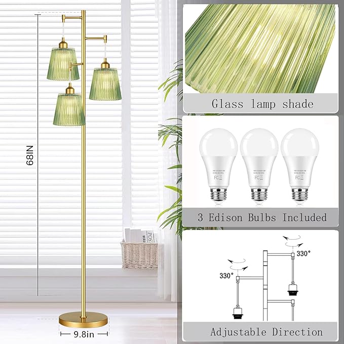 Gold Floor Lamp for Living Room,Bedroom,Mid Century Modern Standing Lamp Brass Tree 3 Light Tall Floor Lamps Vintage Retro Floor Lights Glass Green Flower Lamp Shade Farmhouse Boho Bohemian-Ruum Studio Home
