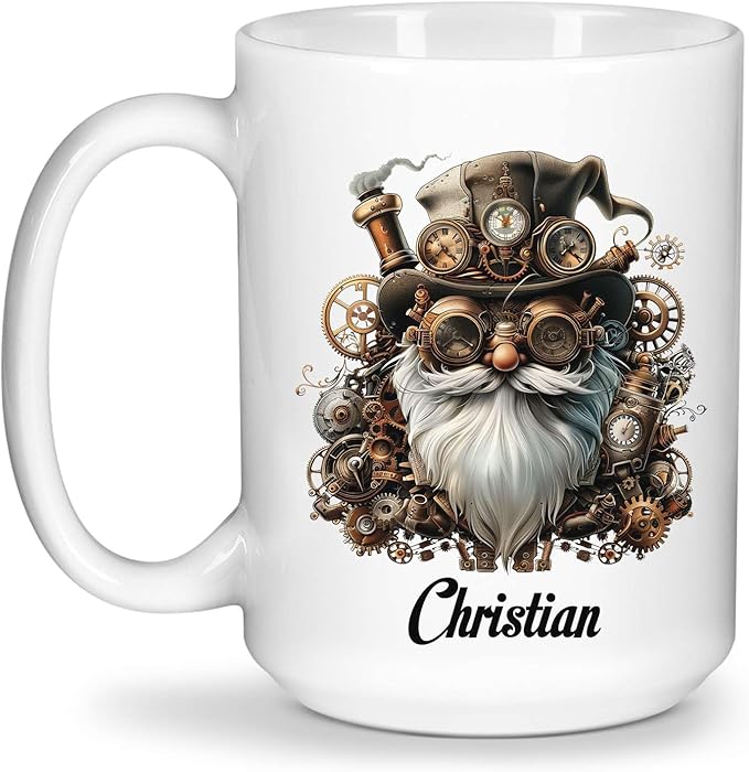 Custom Mechanical Art Mug 15oz, Personalized Steampunk Gnome Coffee Mug, Customized Name Ceramic Cup, Fantasy Enthusiasts Mug, Gnome White Mug With Steampunk Themed, Gift For Men-Ruum Studio Home