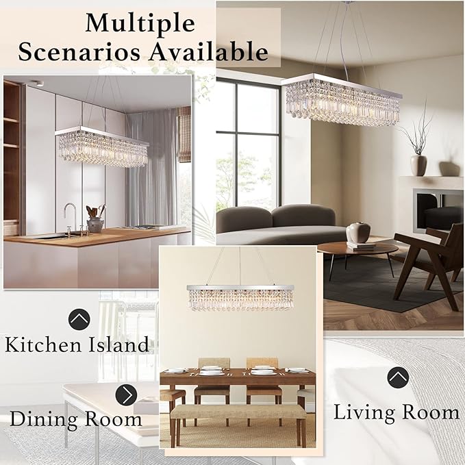 Siljoy Modern Rectangular Crystal Chandelier, 47" Rectangle Raindrop Hanging Ceiling Pendant Light Fixture Adjustable Height for Kitchen Island Dining Room, Polished Chrome Finish, L47 x W10 x H10-Ruum Studio Home