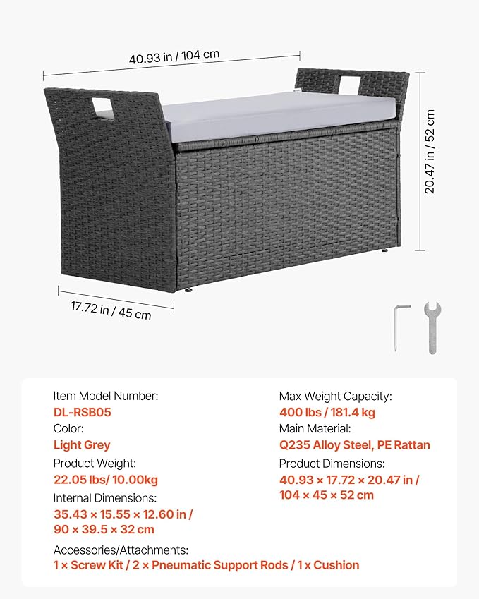 VEVOR Outdoor Storage Bench, 2-Person PE Rattan Storage Bench, 40 Gal Deck Box with Cushion & Side Handle, Supports up to 400 lbs, Weatherproof Outdoor Seating & Porch Decor for Patio Garden Balcony-Ruum Studio Home