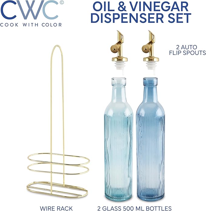 COOK WITH COLOR Glass Olive Oil Bottle Dispenser - 2 Pack- 17oz Oil and Vinegar Cruet - Olive Oil Carafe Decanter for Kitchen-Ruum Studio Home