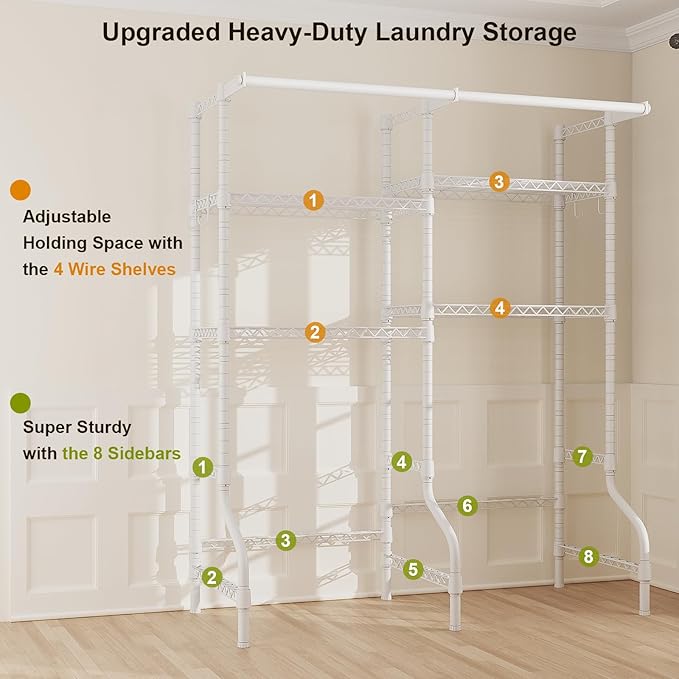 U14 Over Washer and Dryer Storage Shelves, 4 Tiers Laundry Room Storage and Organizer System, Space Saving Clothes Drying Rack with 2 Clothes Hanger Rods, 66.5" W x 20.5" D x 77.4" H, White-Ruum Studio Home