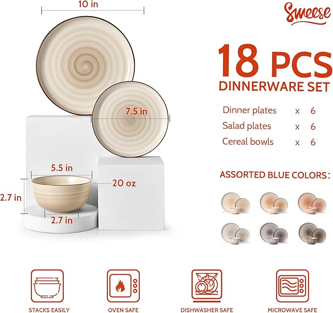 Sweese Plates and Bowls Sets, 18 Piece Dinnerware Set Porcelain Round Dinner Set for 6, Scratch Resistant Dishes Set, Dishwasher and Oven Microwave Safe Handpainted Swirl Dishware Sets, Neutral-Ruum Studio Home