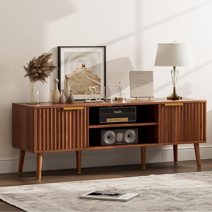 TV Stand for Living Room, Mid Century Modern Entertainment Center for 55/60/65 inch TVs, TV Console with Fluted Door Cabinets and Open Shelves, for Bedroom, Walnut-Ruum Studio Home
