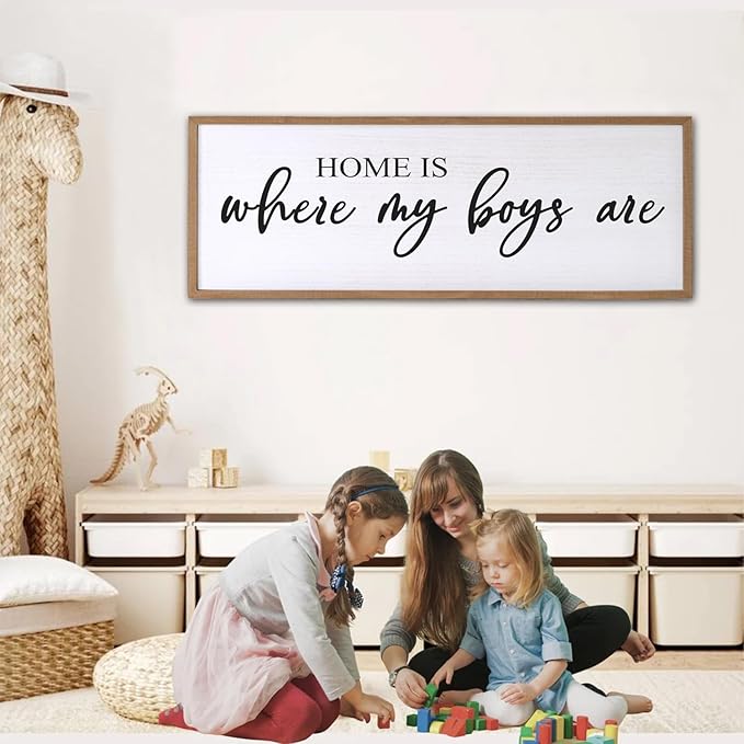 Home is Where My Boys are Sign Framed Wall Art, 32''×12'' Rustic Horizontal My Son Plaque with Natural Frame for Baby Kid Boy Son Teen Toddlers Room, Horizontal Mom of Boys Gifts Nursery Decor-Ruum Studio Home