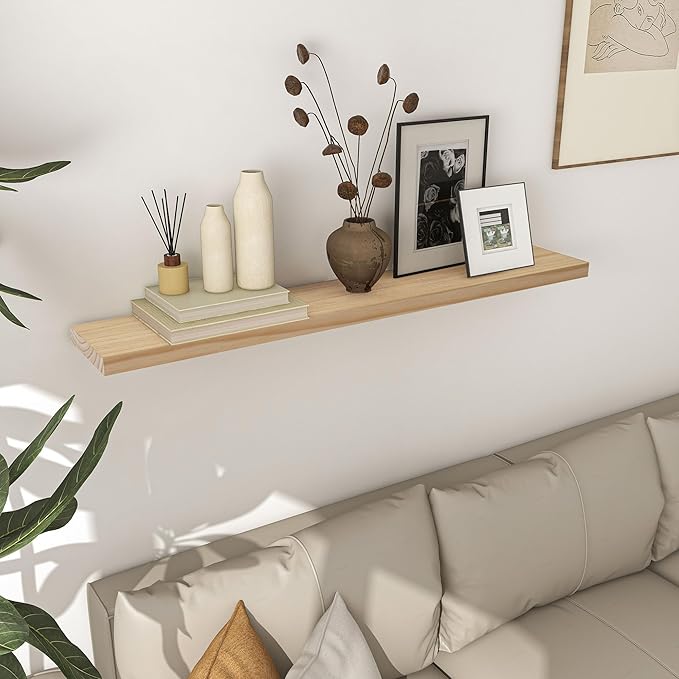 Fun Memories 48 Inch Floating Shelves for Wall, Deep Rustic Solid Pine Wood Floating Shelf - Farmhouse Wall Mounted Display Shelf with Heavy-Duty Metal Bracket, 48" W x 8" D, Set of 1, Unfinished-Ruum Studio Home
