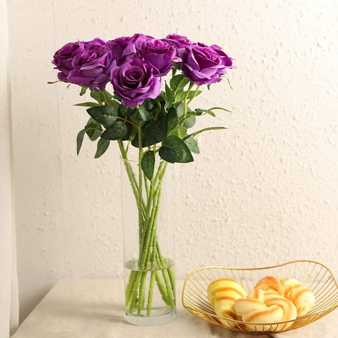 Purple Fake Roses Artificial Flowers - 10 Pcs Fake Artificial Roses Silk Flowers with Stems for Home Wedding Hotel Office Centerpiece Decor-Ruum Studio Home
