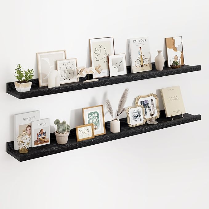 Floating Picture Ledge Shelves 48 Inch Solid Oak Wood Set of 2, Rustic Wall Storage Shelves with Lip, Kids Bookshelf, Photo & Picture Ledge Shelves for Bedroom, Living Room, Kitchen-Ruum Studio Home