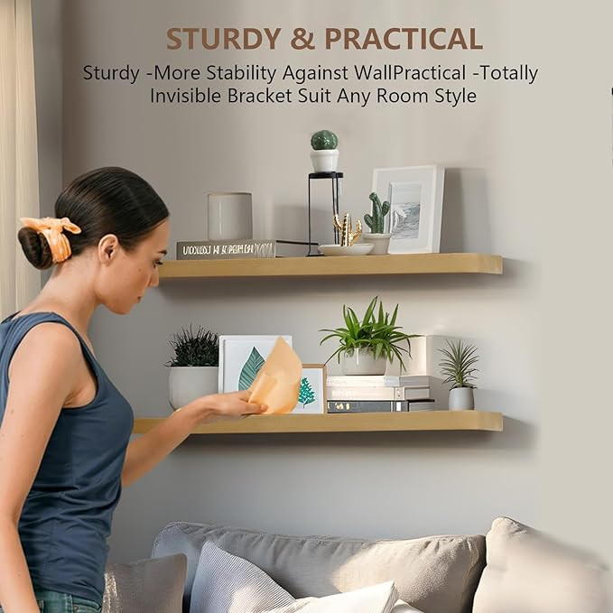Solid Wood Floating Shelves Set of 2 - Natural, Warp & Crack Resistant 35.43 Inch Wall Shelf with Invisible Brackets Thicker, More Durable for Bathroom, Bedroom, Kitchen, Living Room (Wood, 35.43)-Ruum Studio Home