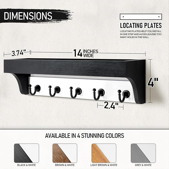 Rebee Vision Key Holder Wall Mount with Shelf - Decorative 2-Color Key Rack with 5 Rustic Key Hooks and Primitive Wood Mail Organizer Wall Mount - Modern Farmhouse Entryway Decor (Black & White)-Ruum Studio Home