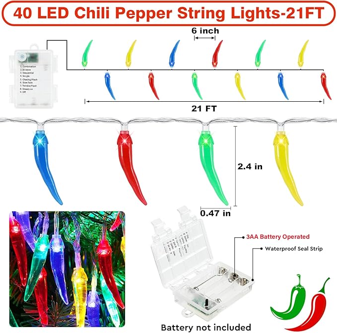 Chili Pepper String Lights, 40 LED 21Ft Chili Pepper Fairy Lights Battery Operated for Indoor Outdoor Garden Pool Birthday Mexican Party Wedding Christmas Summer Tropical Decor-Ruum Studio Home