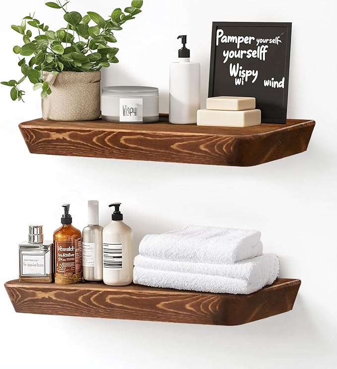 16"x6.8"x1.6" Slanted Floating Wall Shelves 2-Pack - Rustic Brown Finish, Heavy-Duty Solid Wood Design with Hidden Brackets - Perfect for Living Room, Kitchen, Bathroom, or Office-Ruum Studio Home
