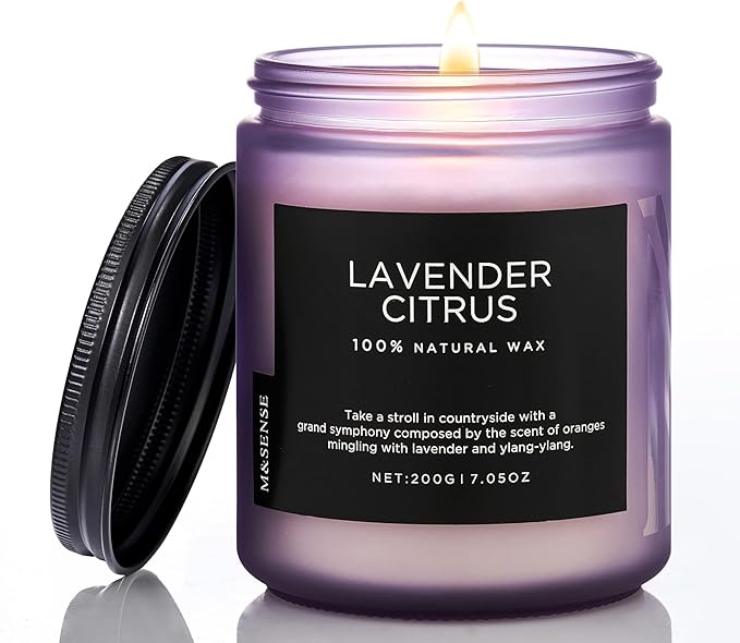 M&SENSE Lavender Citrus Scented Candle, Natural Soy Wax for Home Scented, Stress Relief 7.05oz 50H Burn Time Aromatherapy Candle Gift for Mom Friends Teacher & Spa Bath Yoga-Ruum Studio Home