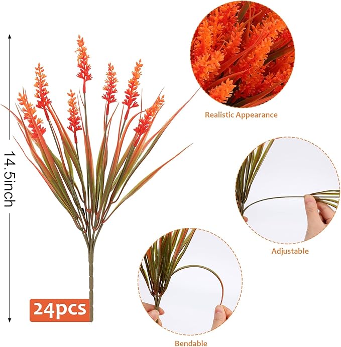 Geegoods 24 Bundles Artificial Fall Flowers Outdoor – Faux Lavender Flowers with Monkey Grass UV Resistant Plastic Faux Plants for Garden Porch Patio Home Decor, Autumn-red Color-Ruum Studio Home