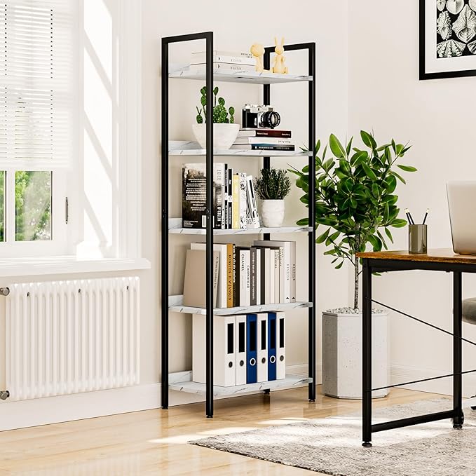 NUMENN Bookshelf, 5 Tier Bookshelves, Home Office Bookcase Shelf Storage Organizer, Free Standing Storage Shelving Unit for Bedroom, Living Room and Home Office, White Marble-Ruum Studio Home