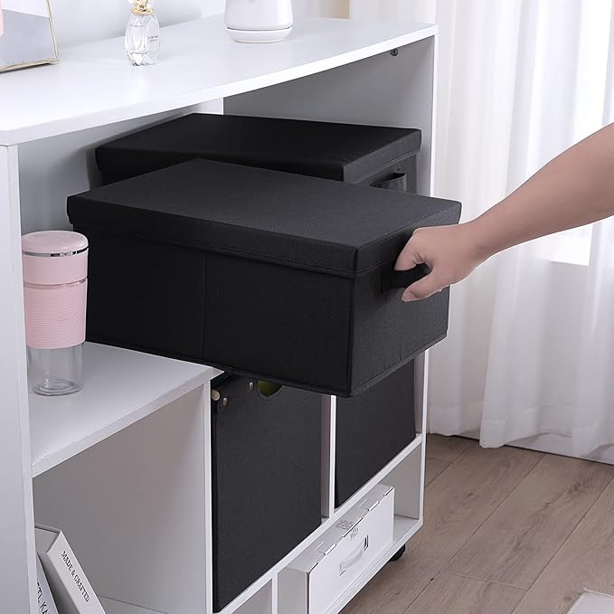HOONEX Storage Bins with Lids for Organizing, Pack of 2, Storage Boxes with 2 Carrying Handles and Sturdy Heavy Cardboard, 16.5" L x 11.8" W x 7.5" H for Shoes, Books, Clothes, Black-Ruum Studio Home