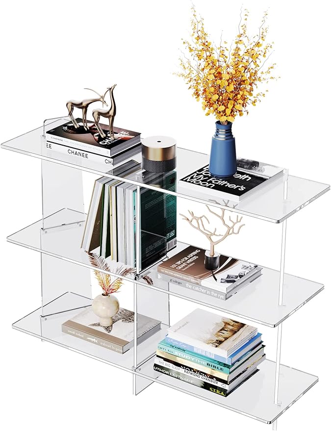 Acrylic Bookshelf, Small 3 Tier Open Bookcase for Small Spaces,Sofa Table, Hallway Entry Table for Home Living Room (Clear, 39.4'' x 11.8'' x 31.5'')-Ruum Studio Home