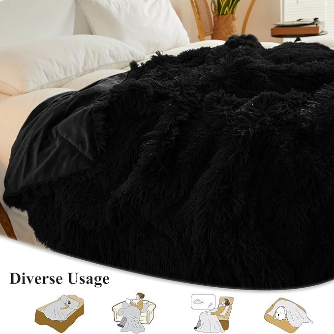 XeGe Luxury Faux Fur Throw Blanket, Black Soft 50x60 Fluffy Blanket Throw, Shaggy Plush Decorative Couch Blanket, Cute Furry Bed Throw Fuzzy Lap Blanket for Kids Women Men Teen Girls Black-Ruum Studio Home