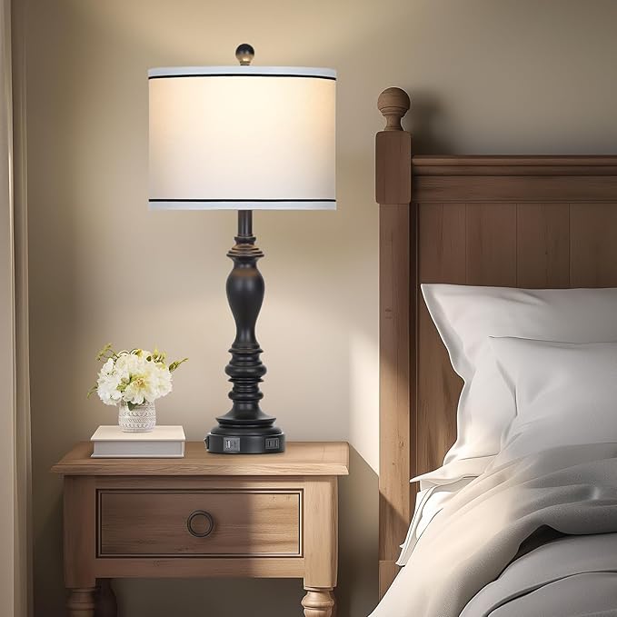 27.5" Farmhouse Table Lamp for Living Room, Black Lamps Set of 2 with USB A+C Ports, Mid Century Tall Table Lamp for Bedroom, Bedside Lamps for Night Stands(2 Bulbs Included)-Ruum Studio Home