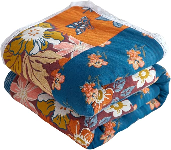 Throw Blanket for Couch Bed, 100% Cotton Muslin 60''x80'' Travel Bed Blankets Mexican Boho Quilt Flowers Blanket Lightweight Blanket Soft Warm Throws Gifts for Women Mom-Ruum Studio Home