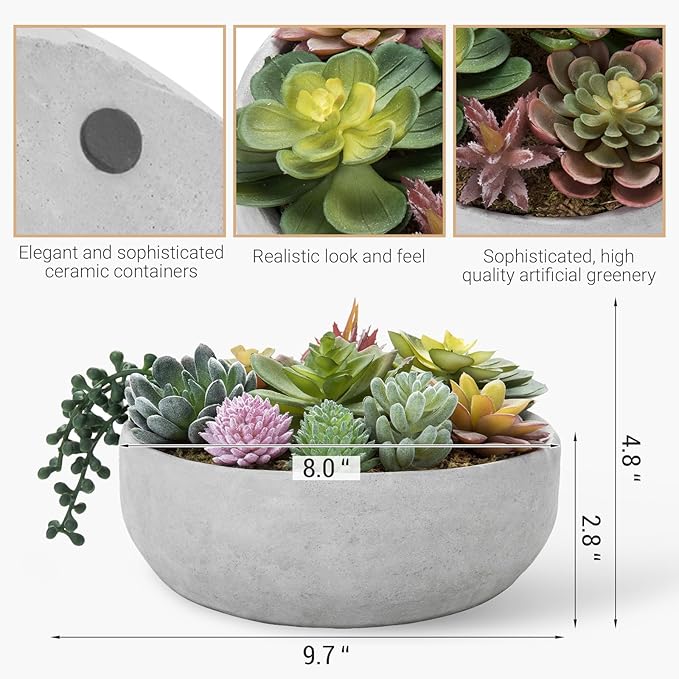 MyGift 8 Inch Round Modern Artificial Succulent Arrangement Potted in Gray Concrete Plant Bowl, Assorted Faux Mini Succulents in a Decorative Planter Pot-Ruum Studio Home