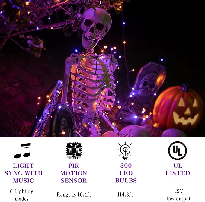 Rotu Halloween String Lights Outdoor with Music Sync Spooky Sounds 300 LED 114.8ft Indoor Fairy String Lights Waterproof Function for Halloween Party Haunted House Decorations (Purple & Orange)-Ruum Studio Home