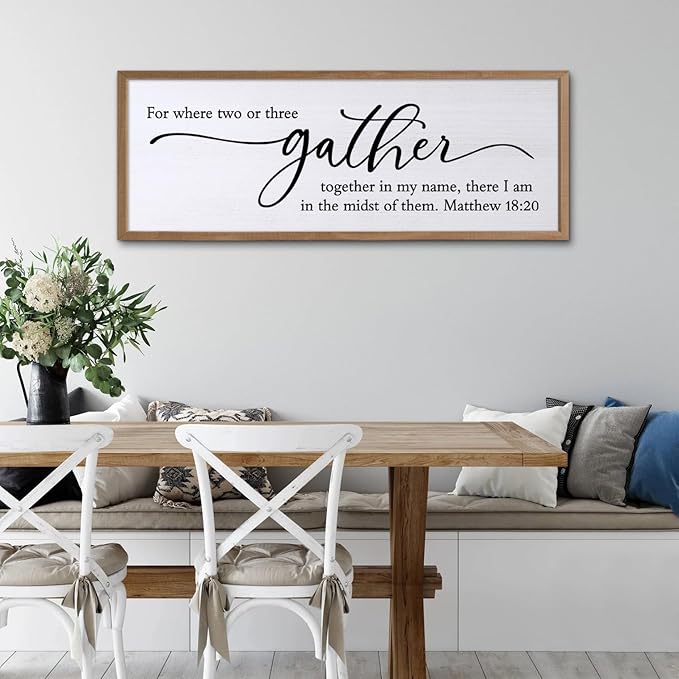 For Where Two Or Three Gather Sign Dining Room kitchen Wall Decor Bible Verse Scripture Matthew 18:20 Wooden Frame 32X12 Inch for Christian Family Hanging Art (Wood)-Ruum Studio Home