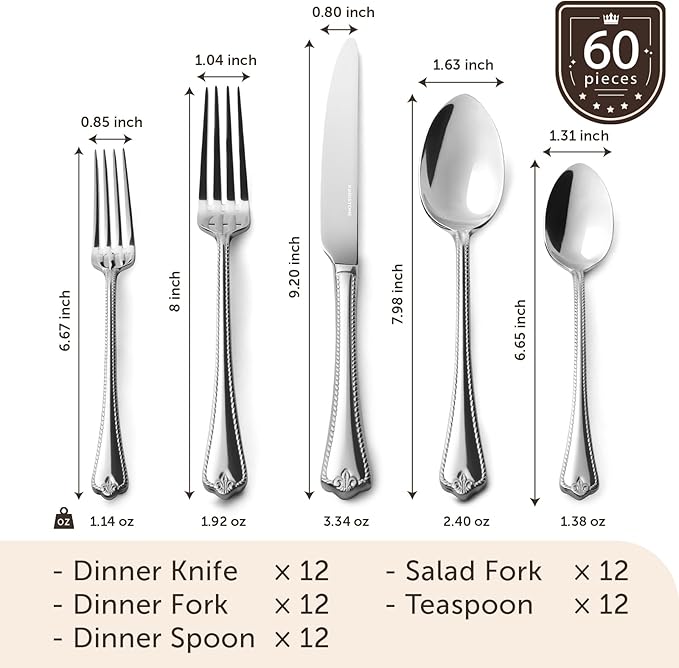 KINGSTONE Silverware Set, 60-piece 18/10 Stainless Steel Flatware Set Cutlery Set for 12, for Kitchen, Home, Wedding, Party, Mirror Polished and Dishwasher Safe, Featured Gifts-Ruum Studio Home