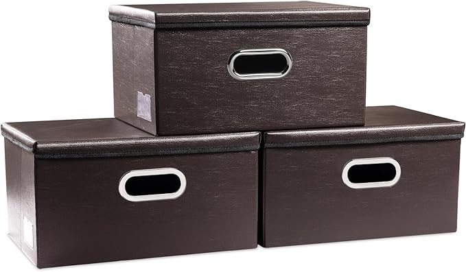 PRANDOM Collapsible Storage Box with Lid [3-Pack] Leather Fabric Foldable Storage Bin Organizer Container Basket Cube with Cover for Home Bedroom Closet Office Nursery Brown(13.6x9.6x6.9)-Ruum Studio Home