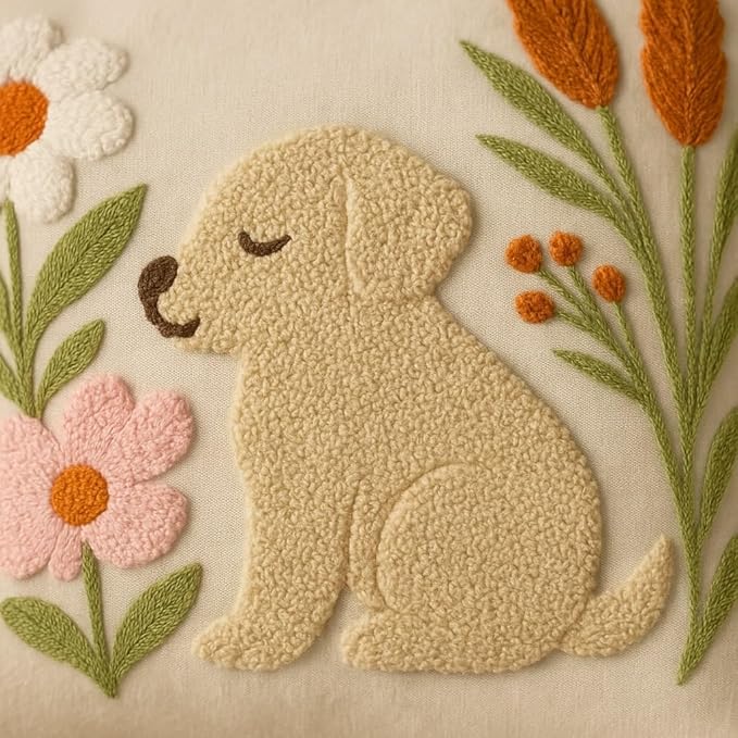 katre home madame & textile Embroidered Dog Pillow Cover – 18x18 inch Handmade Punch Needle Cushion – Boho Cotton Throw Pillow for Couch, Bed, or Gift for Dog Lovers-Ruum Studio Home