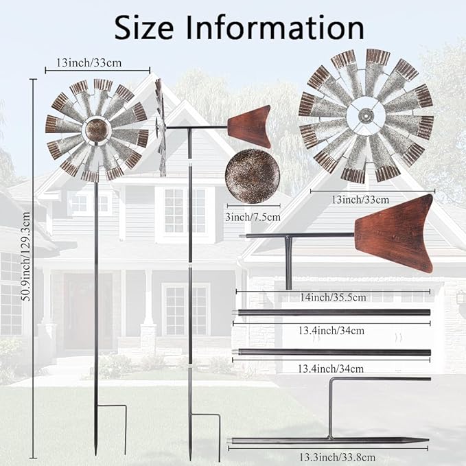 Wind Spinners Outdoor，Metal Vintage Style Single Sided Silver Windmill Kinetic Wind Spinner for Outdoor Garden Patio Yard Decor,Diameter 13 Inches-Ruum Studio Home